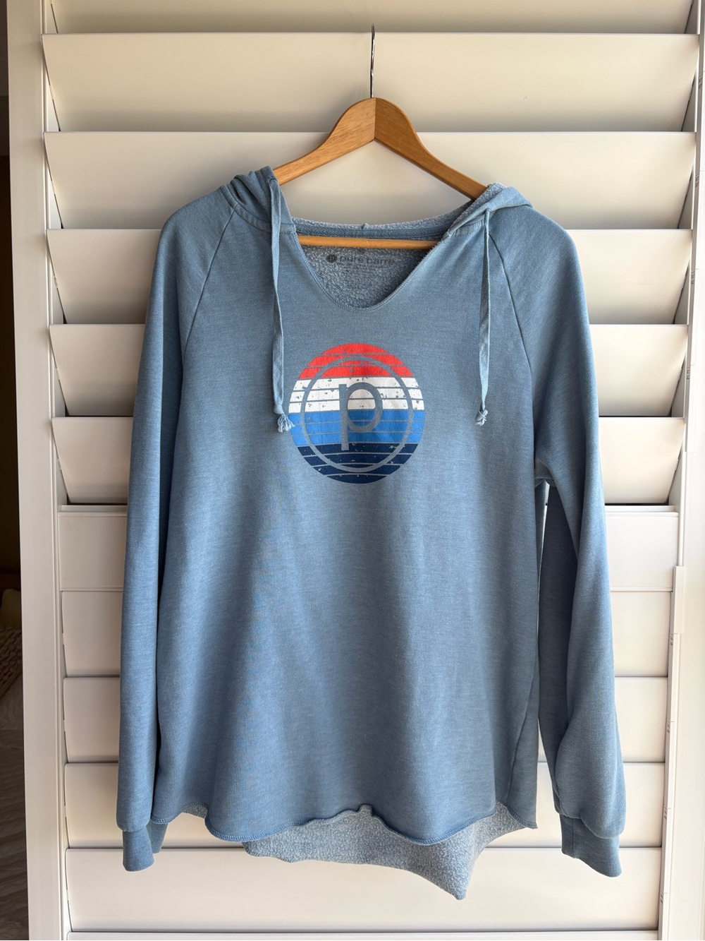 Pure Barre Light Blue Crewneck Hoodie with Striped Logo